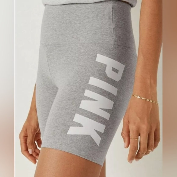 VS Pink Cotton High Waist Bike Shorts Sz Large NWT Grey w/ White Logo - Picture 2 of 4